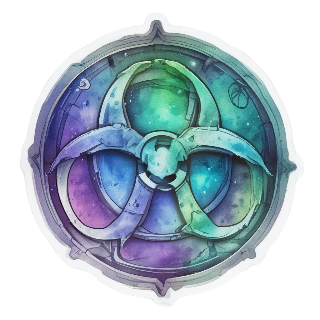 Watercolor biohazard symbol with aurora glow, colors green blue violet, sticker.
