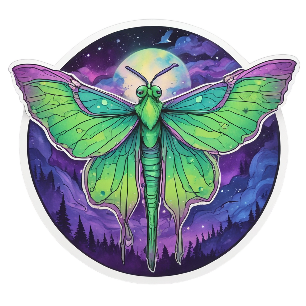 A luna moth silhouetted against the aurora borealis