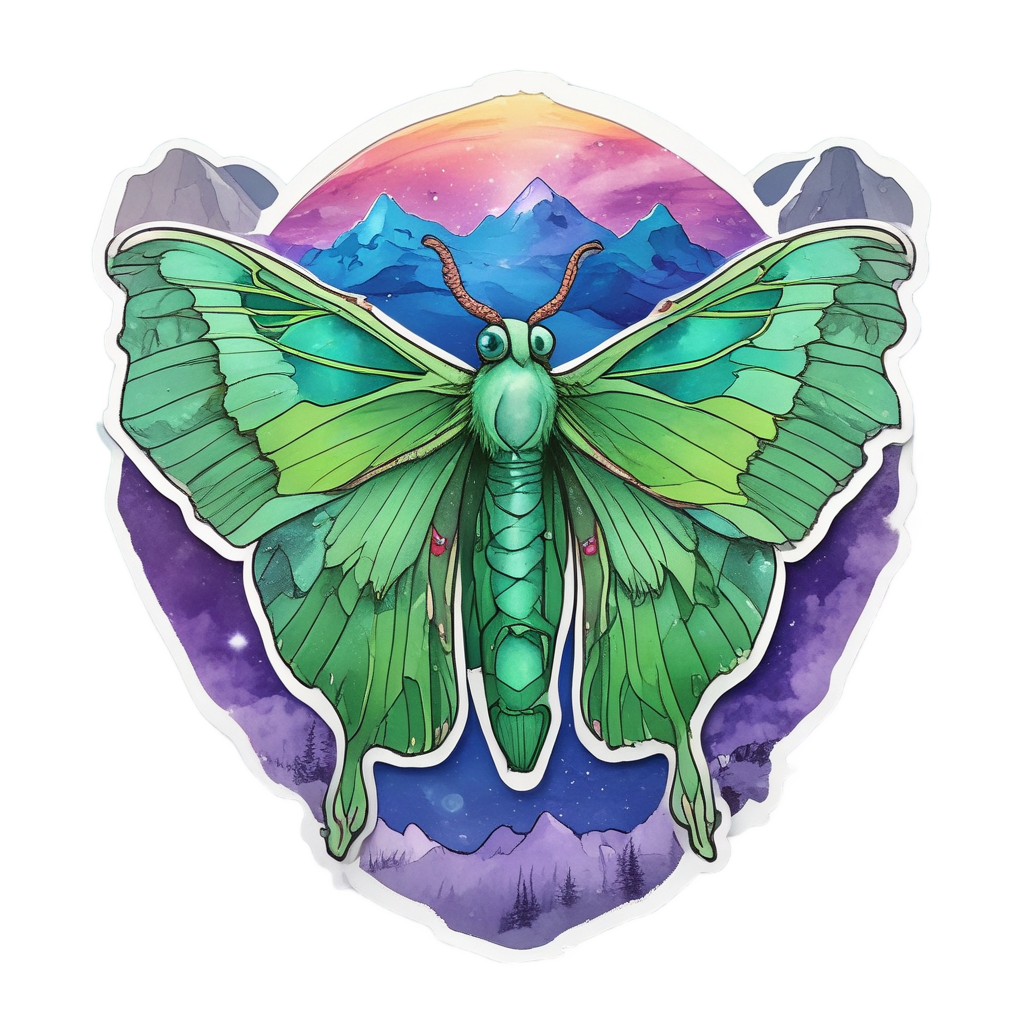 A luna moth with green and purple aurora wings flies over snow in watercolor.