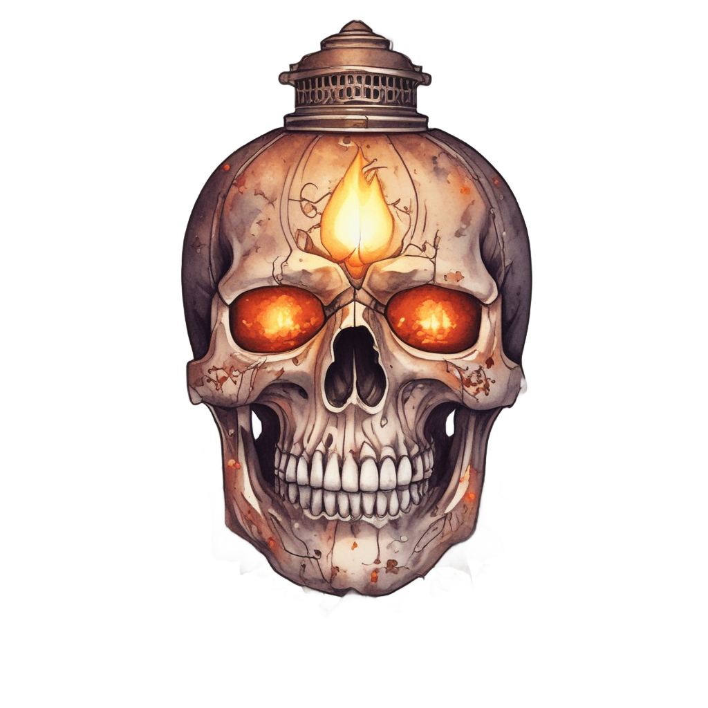 Watercolor skull with red and orange autumn lantern