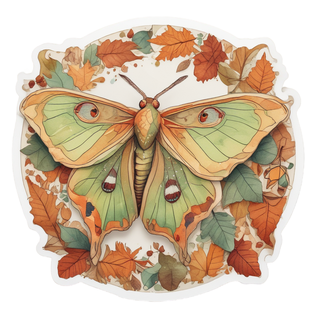 A luna moth camouflaged among autumn leaves in watercolor