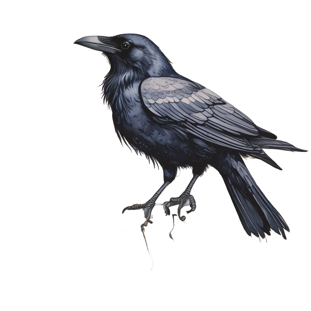A raven holding a red leaf among autumn leaves in watercolor