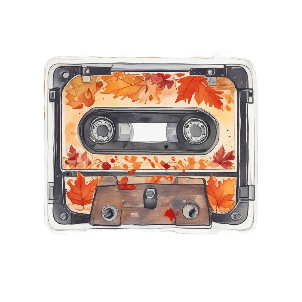 Cassette tape with watercolor autumn leaves in orange and gold floating around it.