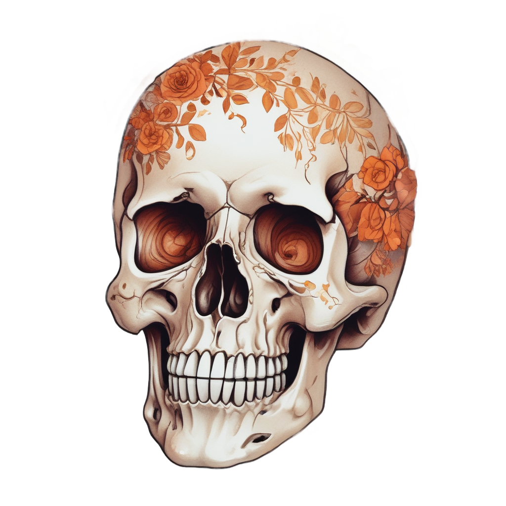 Skull with holographic autumn rose bouquet in warm tones