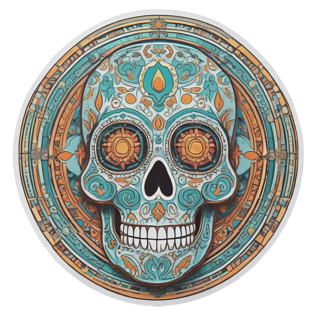 Day of the Dead geometric skull in turquoise and orange papercut with circle patterns