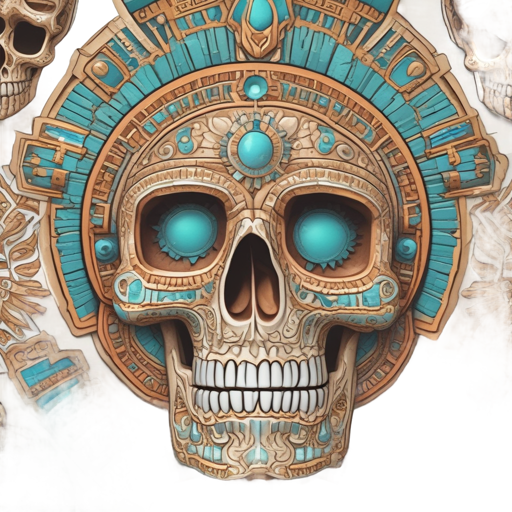Terracotta skull with holographic Aztec patterns on white background
