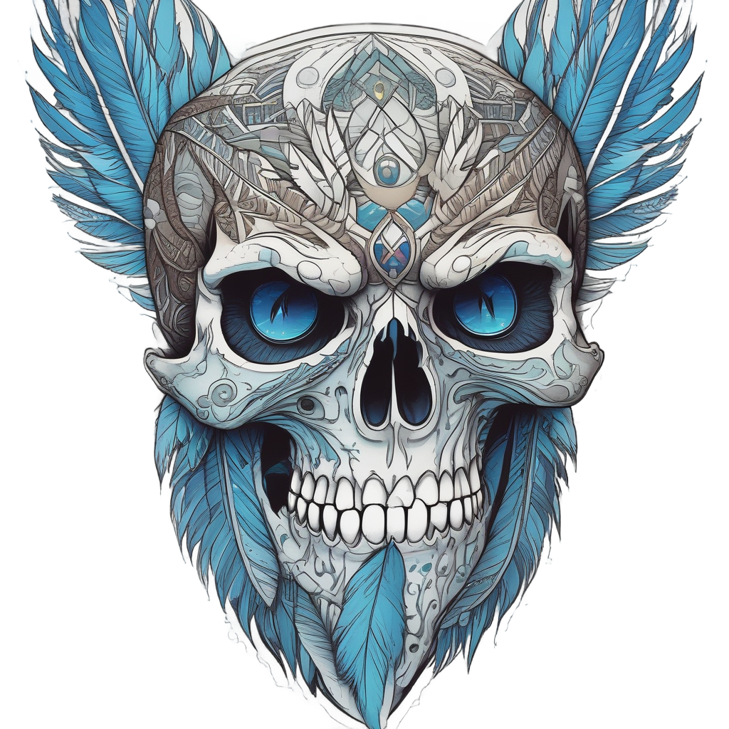 An azure feathered war skull with a lightning bolt and geometric patterns