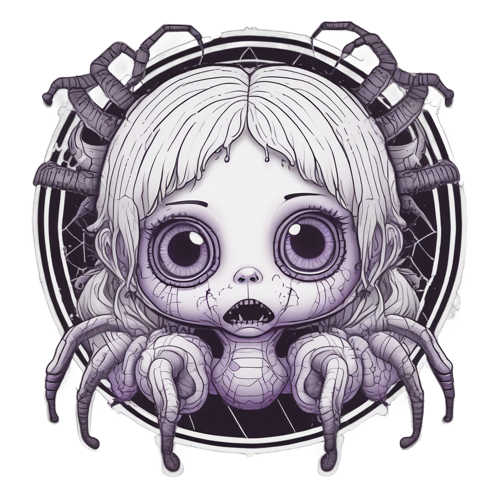 A lineart baby doll with spiders crawling out of its face.
