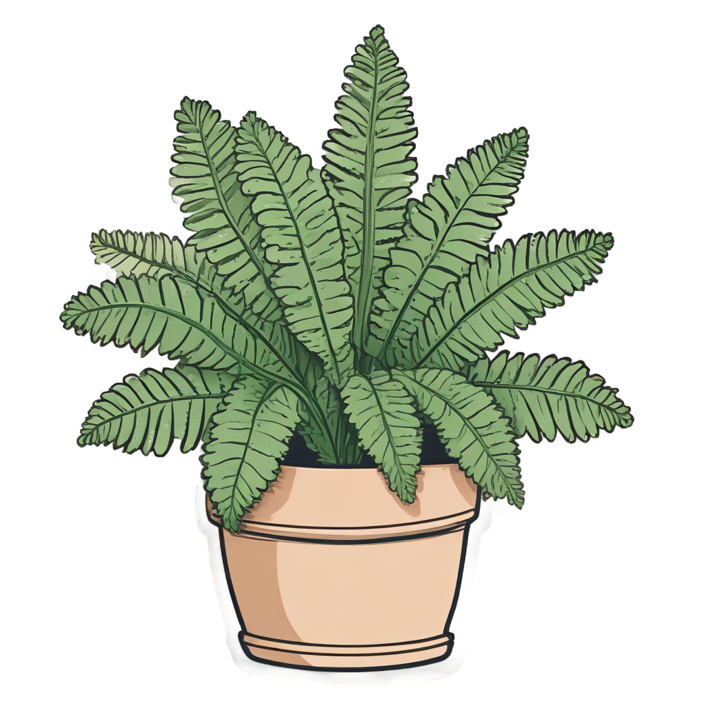 Warm sage line-art baby fern in a terracotta pot with a smile.