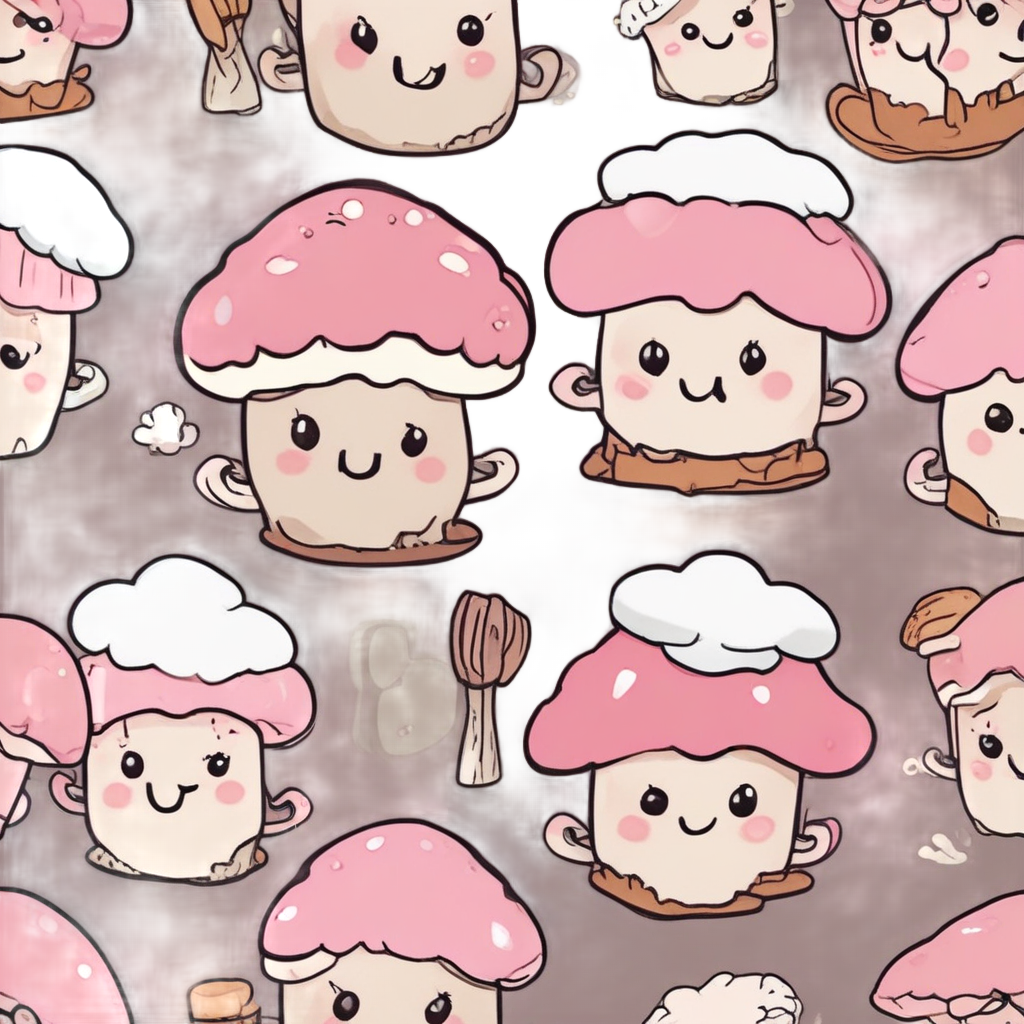 Three kawaii mushrooms as bakers with cake, batter, and chef hat