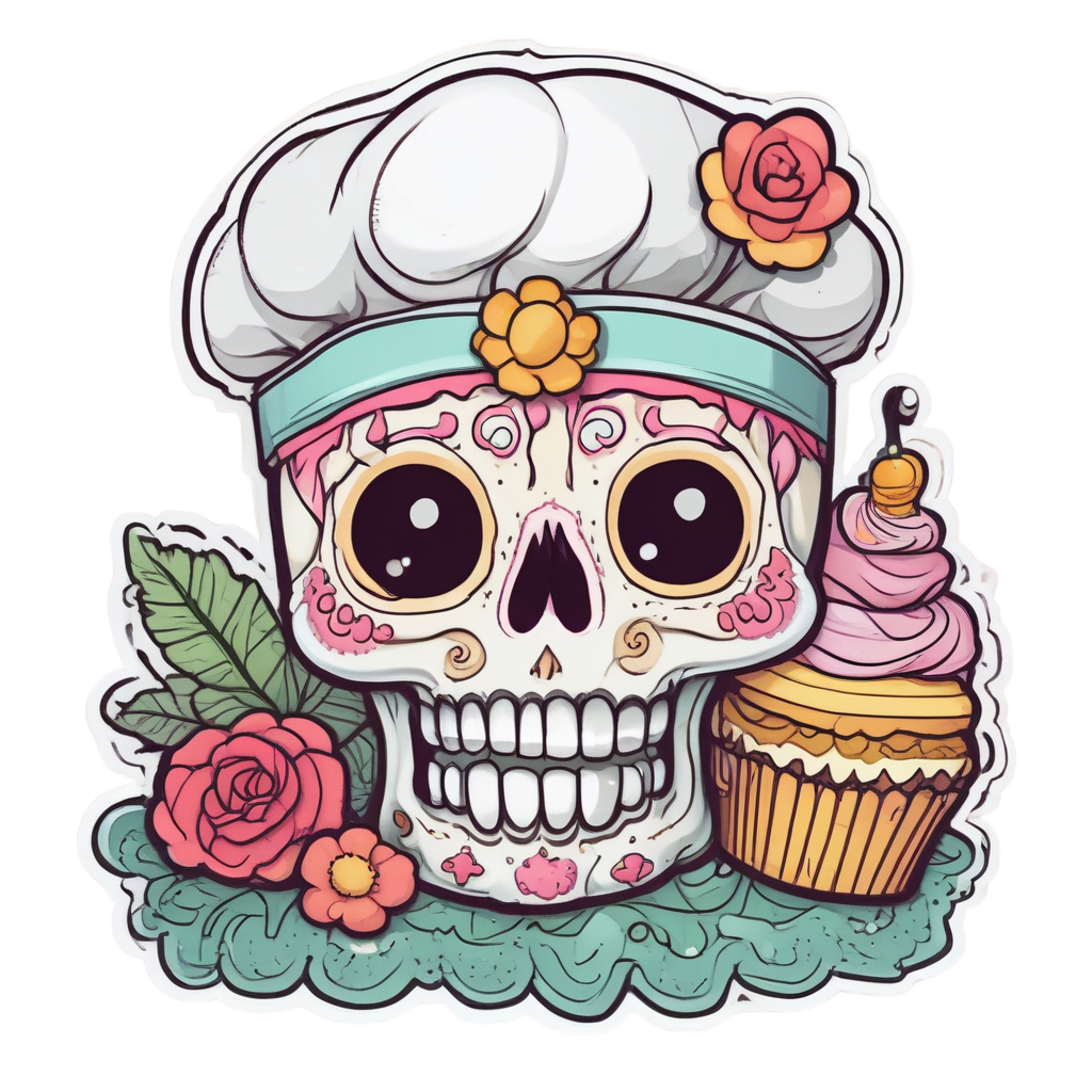 Kawaii yellow calavera in chef hat holding a cupcake with marigolds