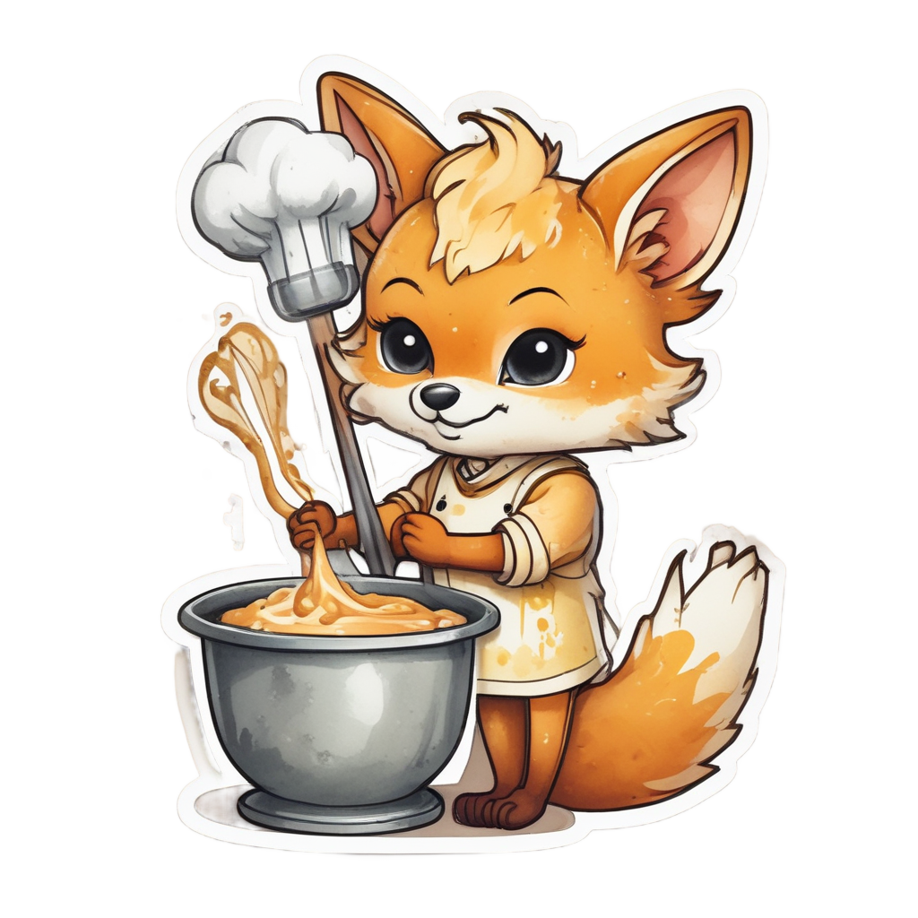 Chibi fox in chef hat and apron, covered in flour, holding a whisk, bright warm watercolors.