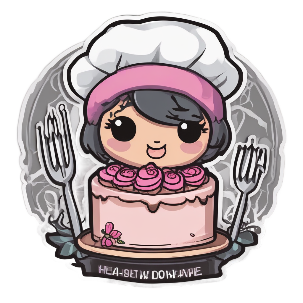 A dark rose in a chef hat holding a whisk and small cake