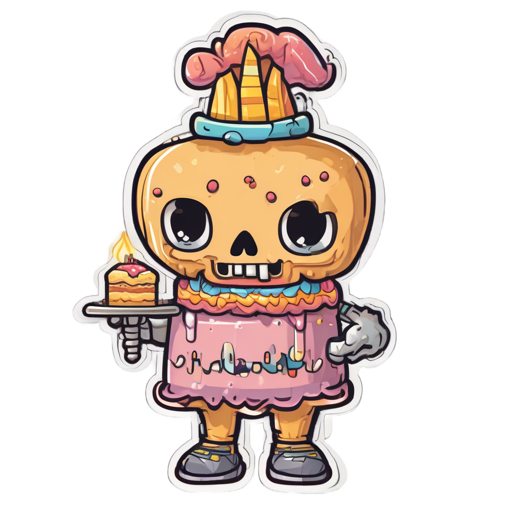 Kawaii glitch skull baker with pixelated birthday cake and static candle.