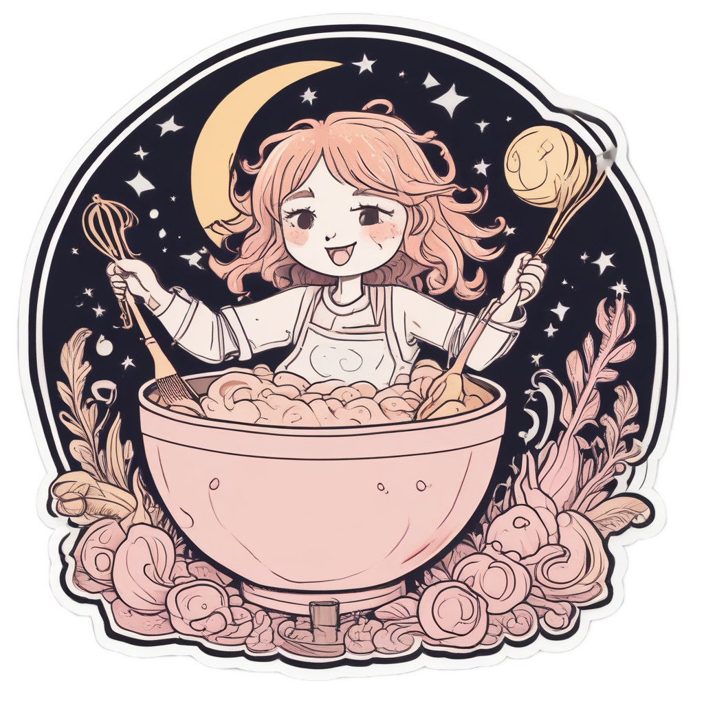 Sun in apron and moon whisking batter in a bowl
