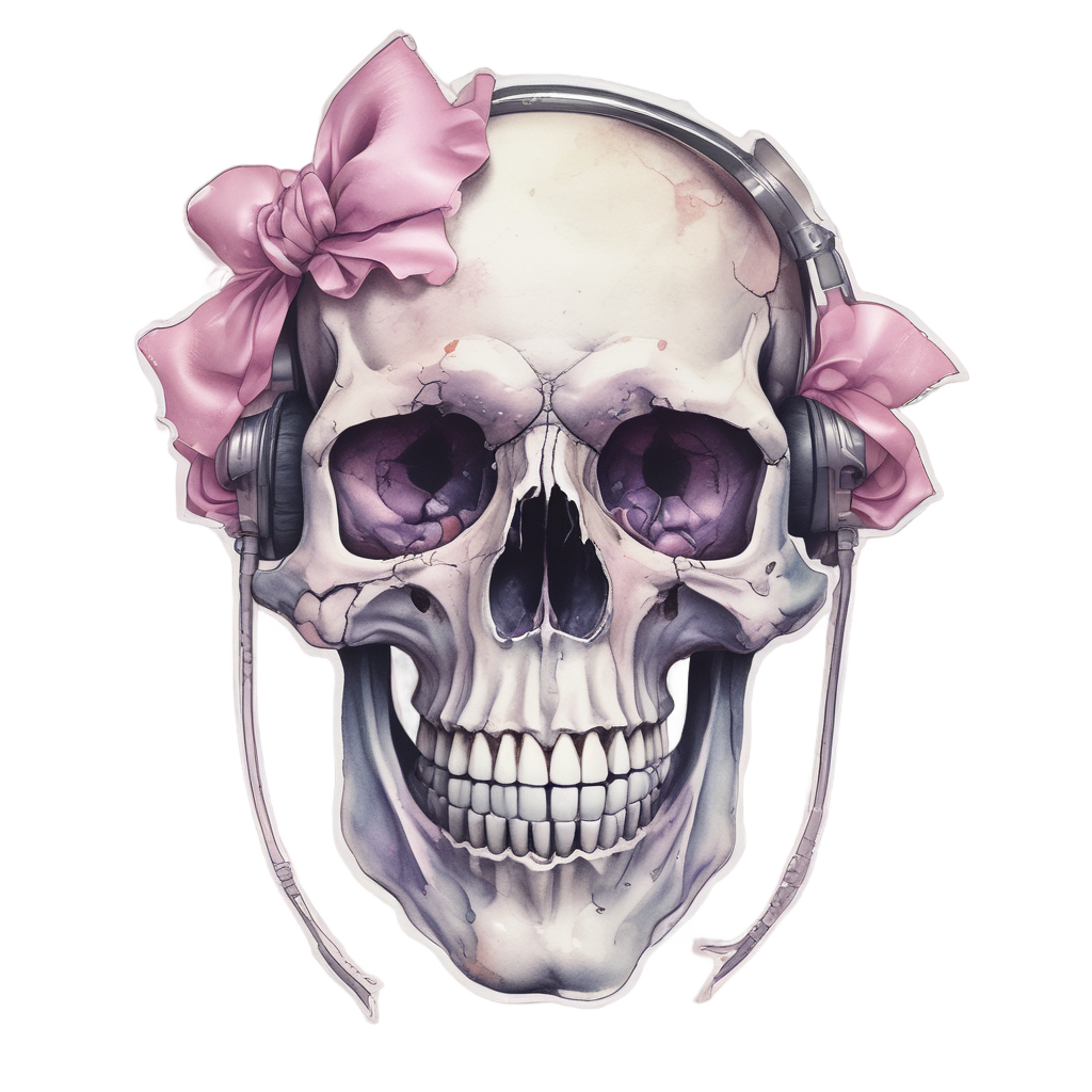 A pink-bowed watercolor skull in a ballet pose on a plain white background