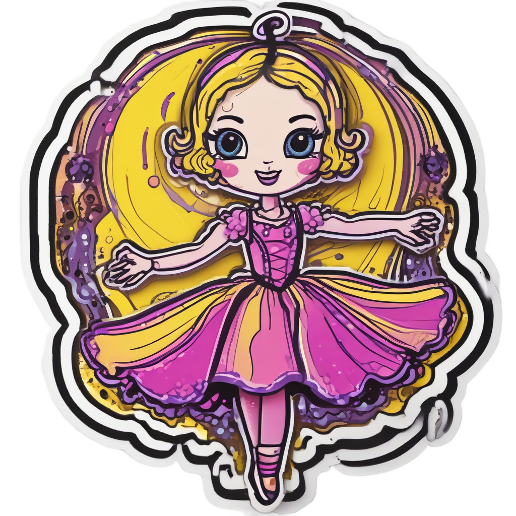 Ballerina doll with neon tutu and broken leg mid-twirl on white