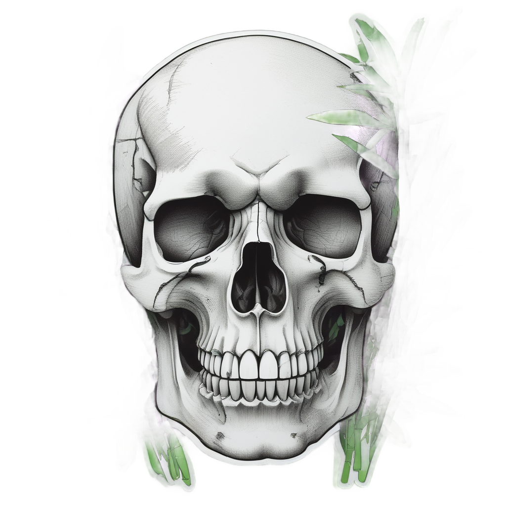 A skull with neon green bamboo stalks growing through it.