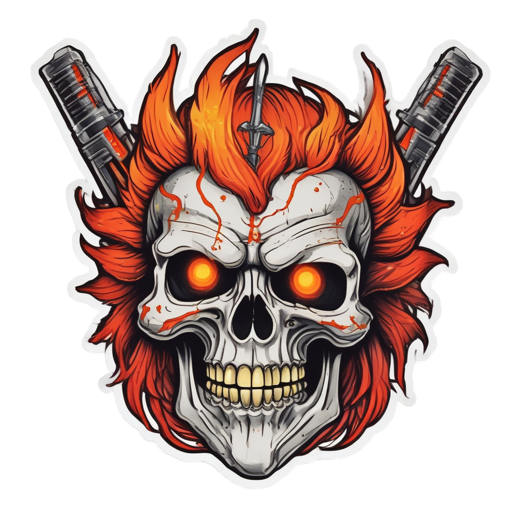 Barbarian warrior skull with neon orange and red hair and glowing spiked club