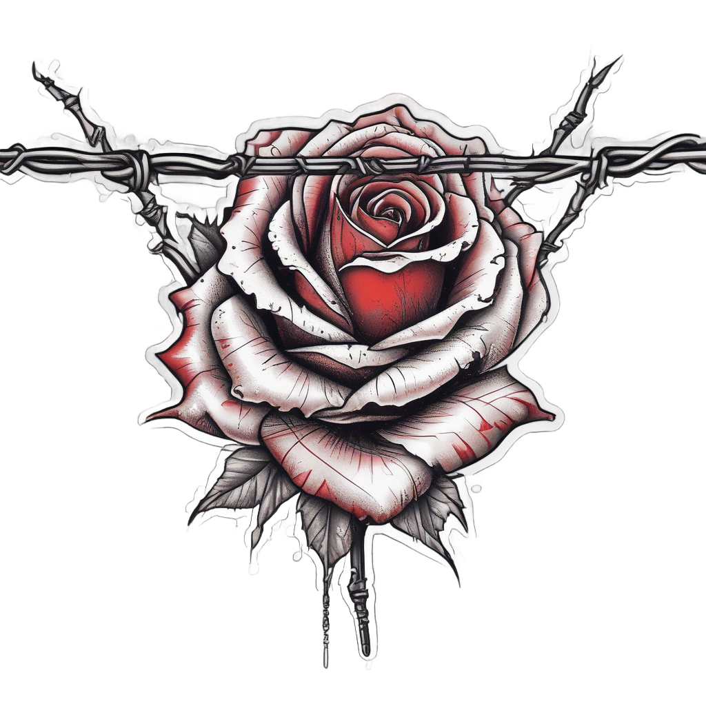 Red rose with petals breaking through barbed wire