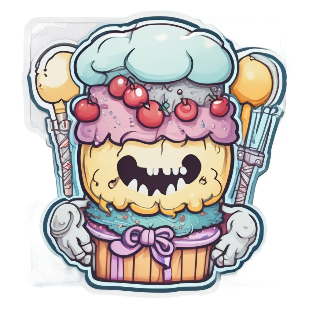 A skull chef with barbed wire hat holding a cupcake on white