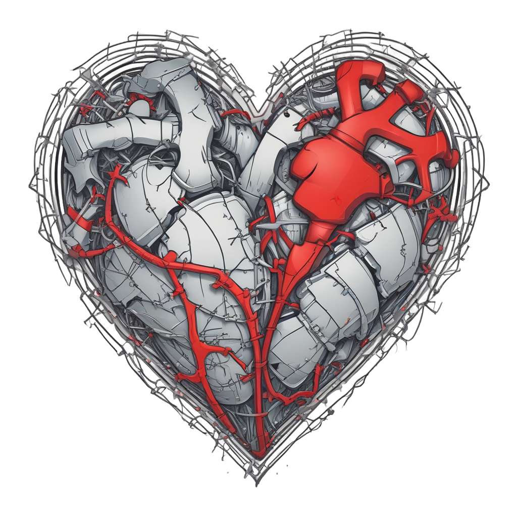 A barbed-wire heart made of interlocking puzzle pieces with one missing, lineart style.