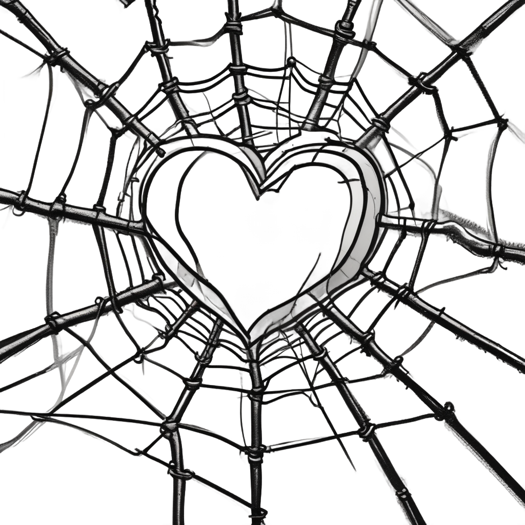 Lineart sticker of a heart trapped in a barbed-wire spider web
