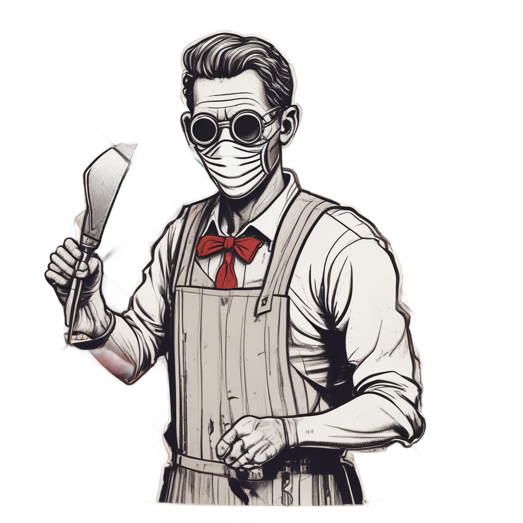 Barber masked slasher in apron holding straight razor