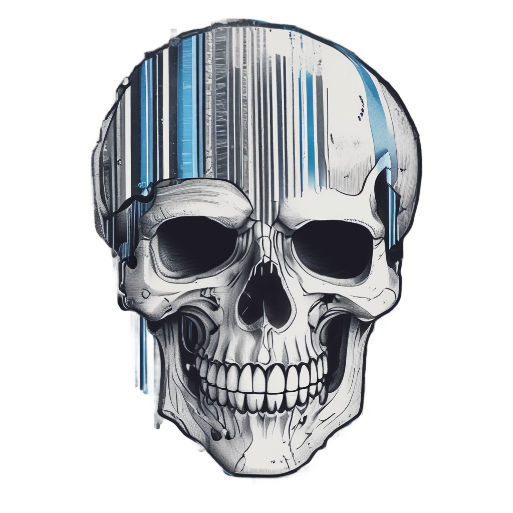 Skull with barcode and camera eye in glitch style