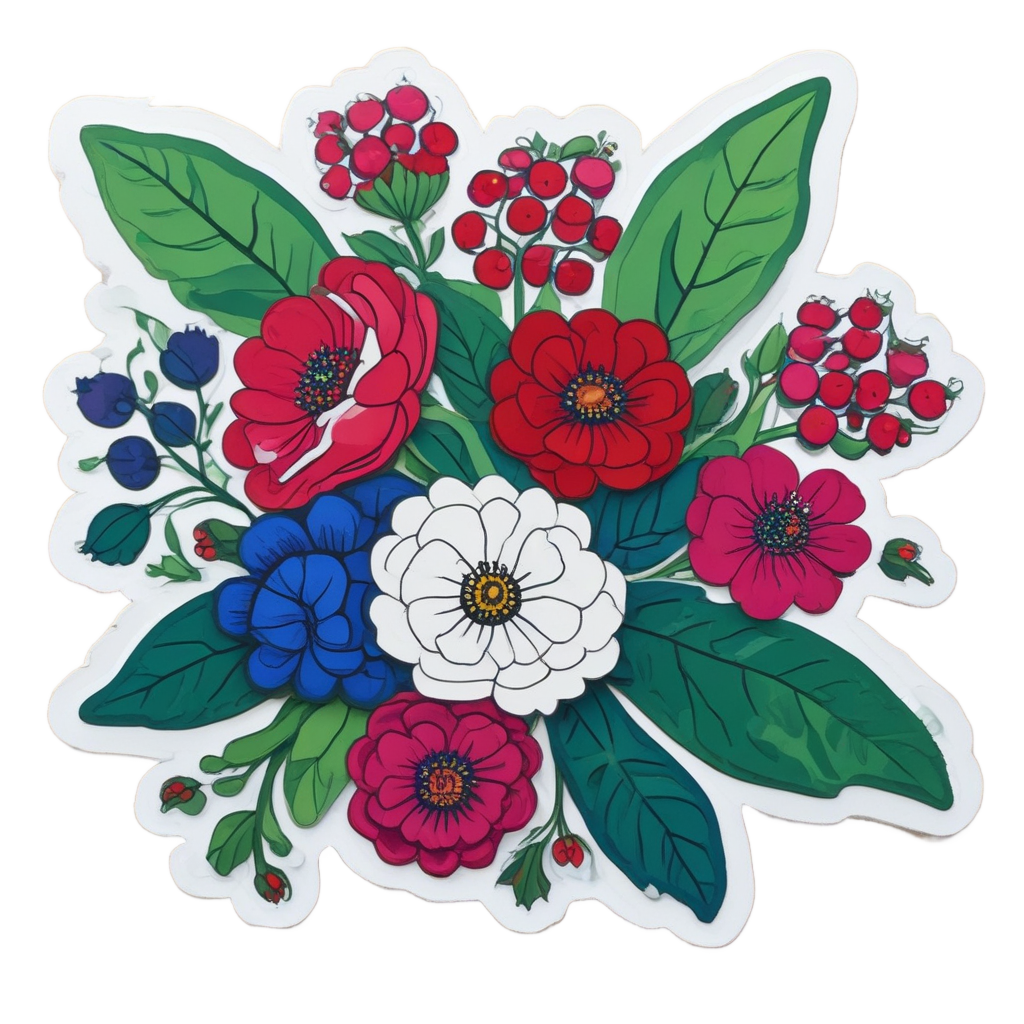 A papercut wildflower bouquet with huckleberries, raspberries, and white yarrow among green leaves.