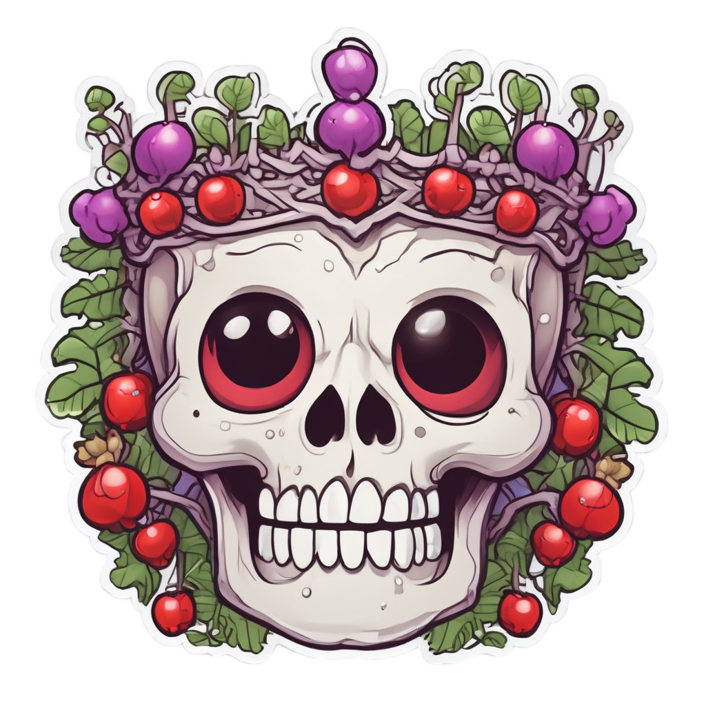 Kawaii skull with berry vine crown and big eyes