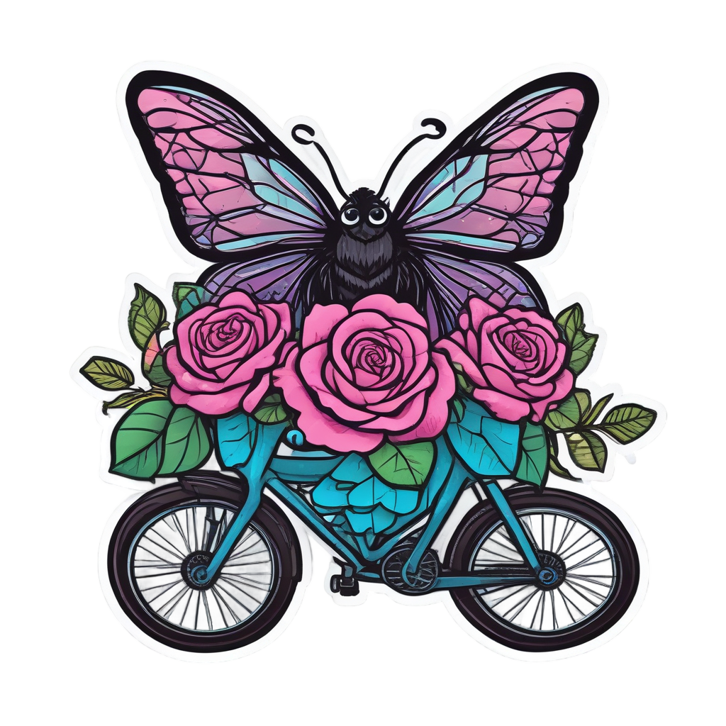 Bicycle Moth with Rose — gothic botanical stickers