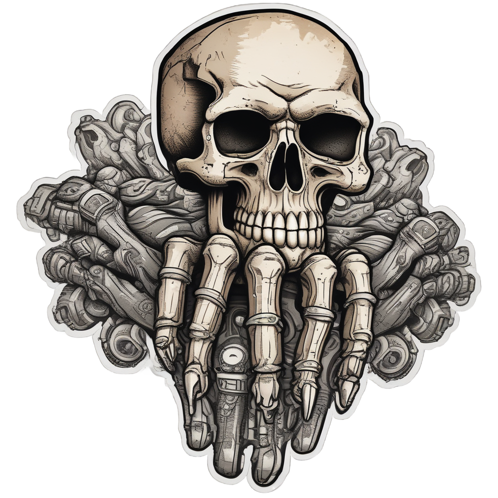 A handprint skull with leather texture and spiked rings on each finger in brown and chrome tones