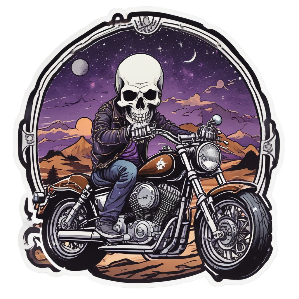 Skull on motorcycle with zodiac patches and constellation trail