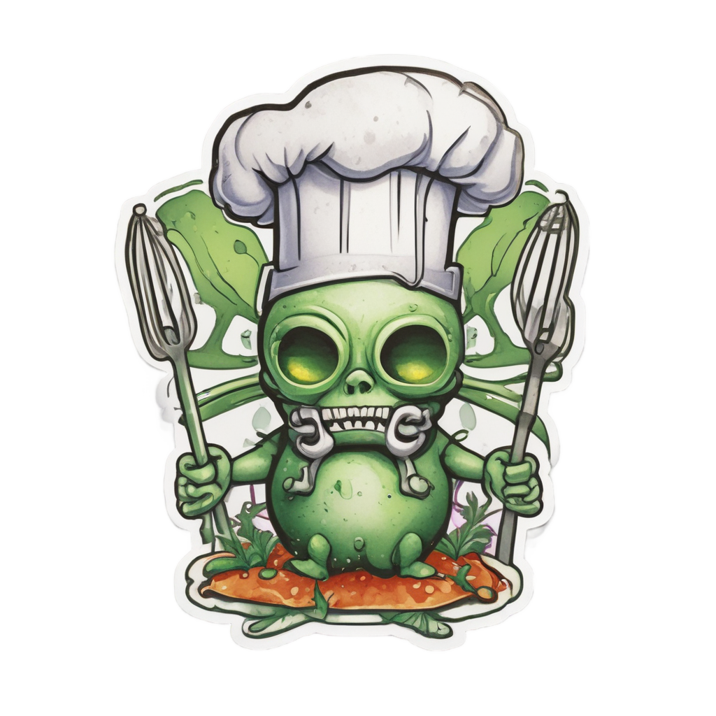 Watercolor biohazard symbol wearing a chef hat and holding a whisk.