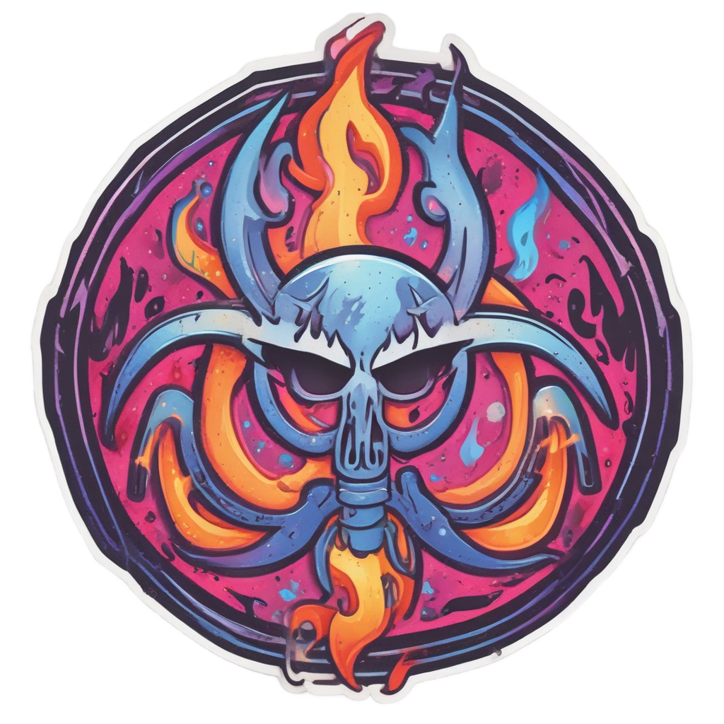 Holographic flame biohazard sticker with hot pink and electric blue fire