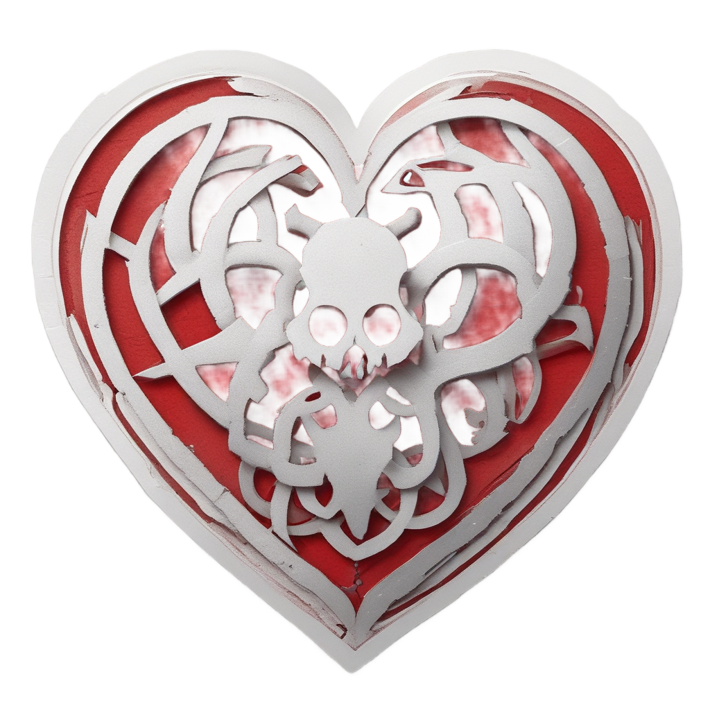 A papercut heart with a cracked surface and a biohazard symbol inside