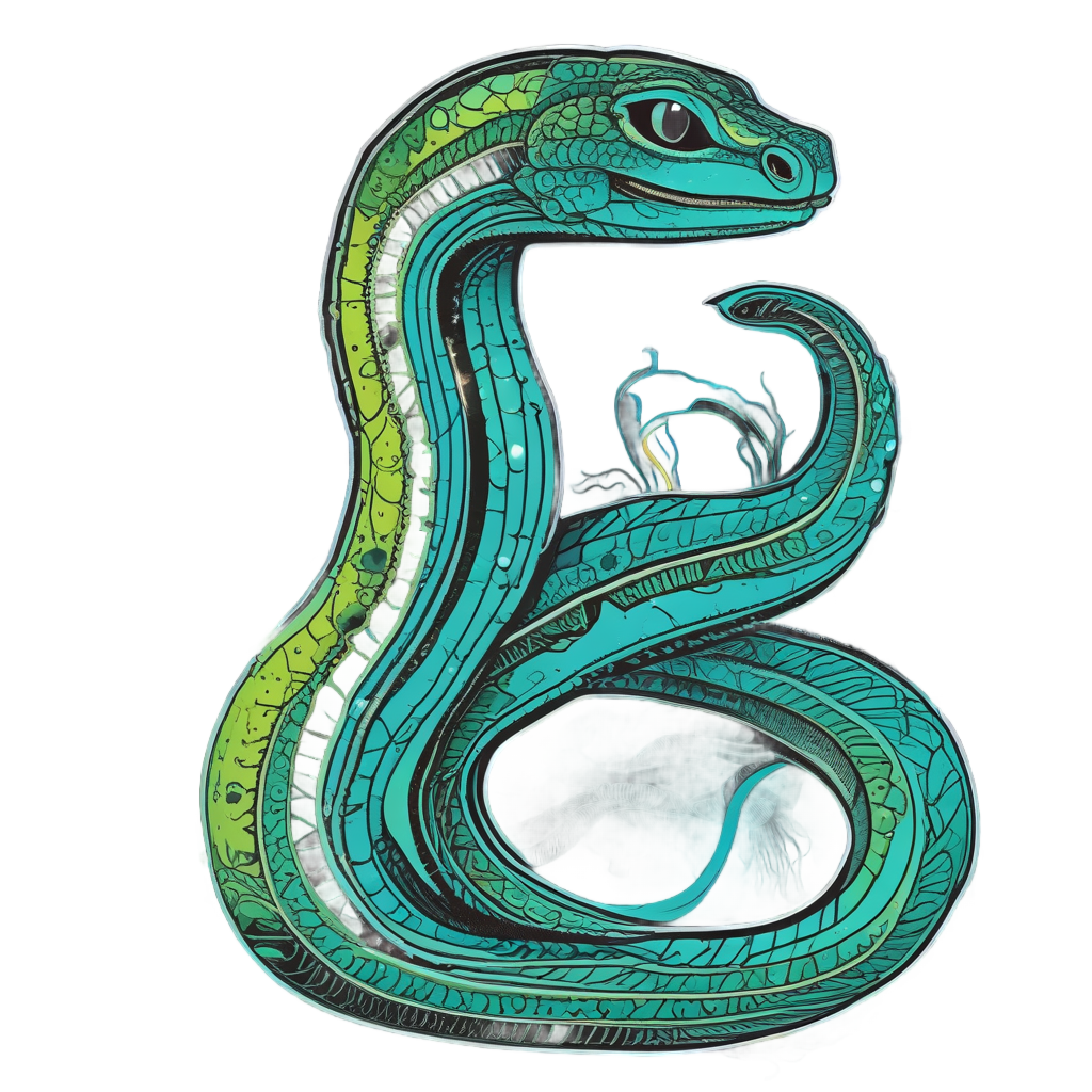 A blackwork deep-sea snake with neon bioluminescent spots