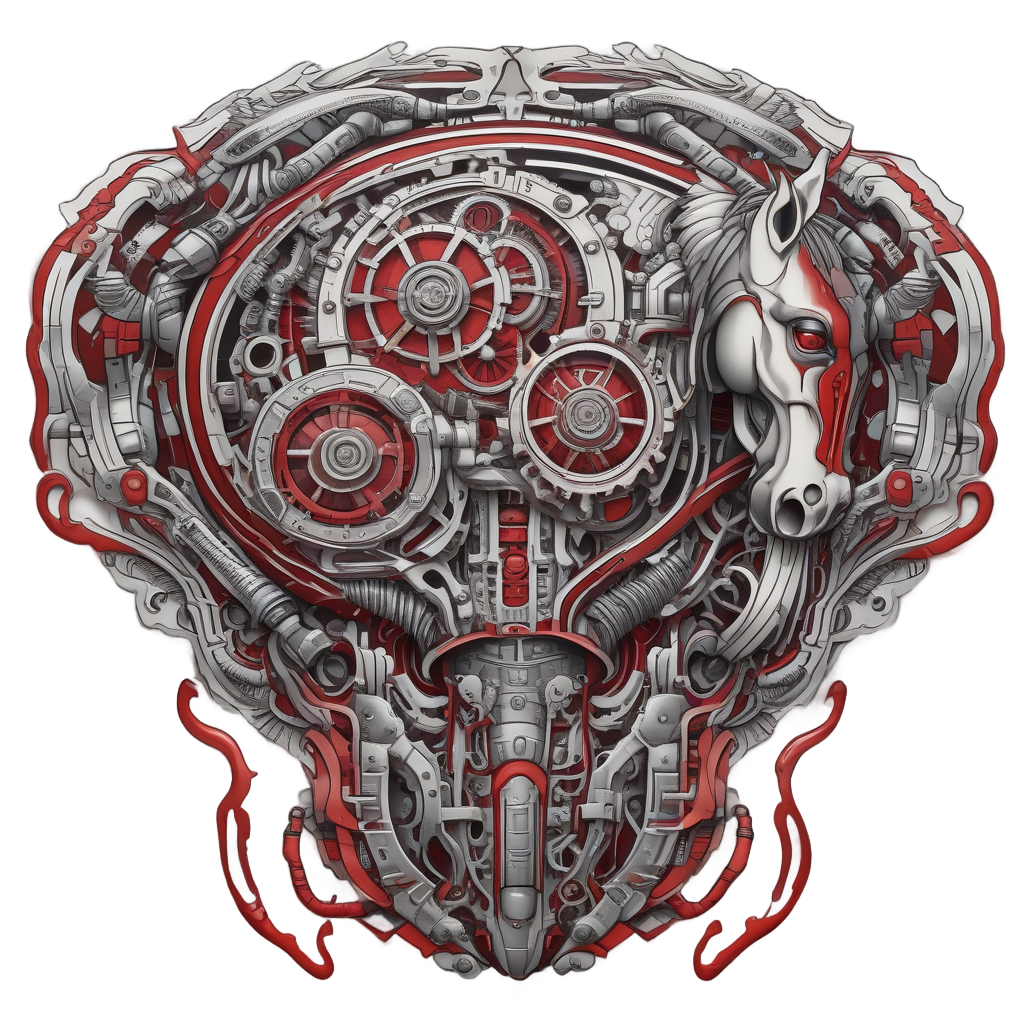 A chrome and red biomechanical pony with exposed gears, pistons, and glowing circuitry.