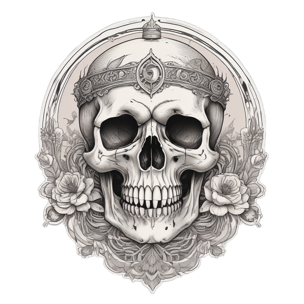Skull with bird perched on crown under moon arch in peach and gray lineart