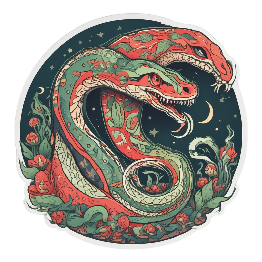 Snake biting crescent moon with skull on tail papercut sticker.