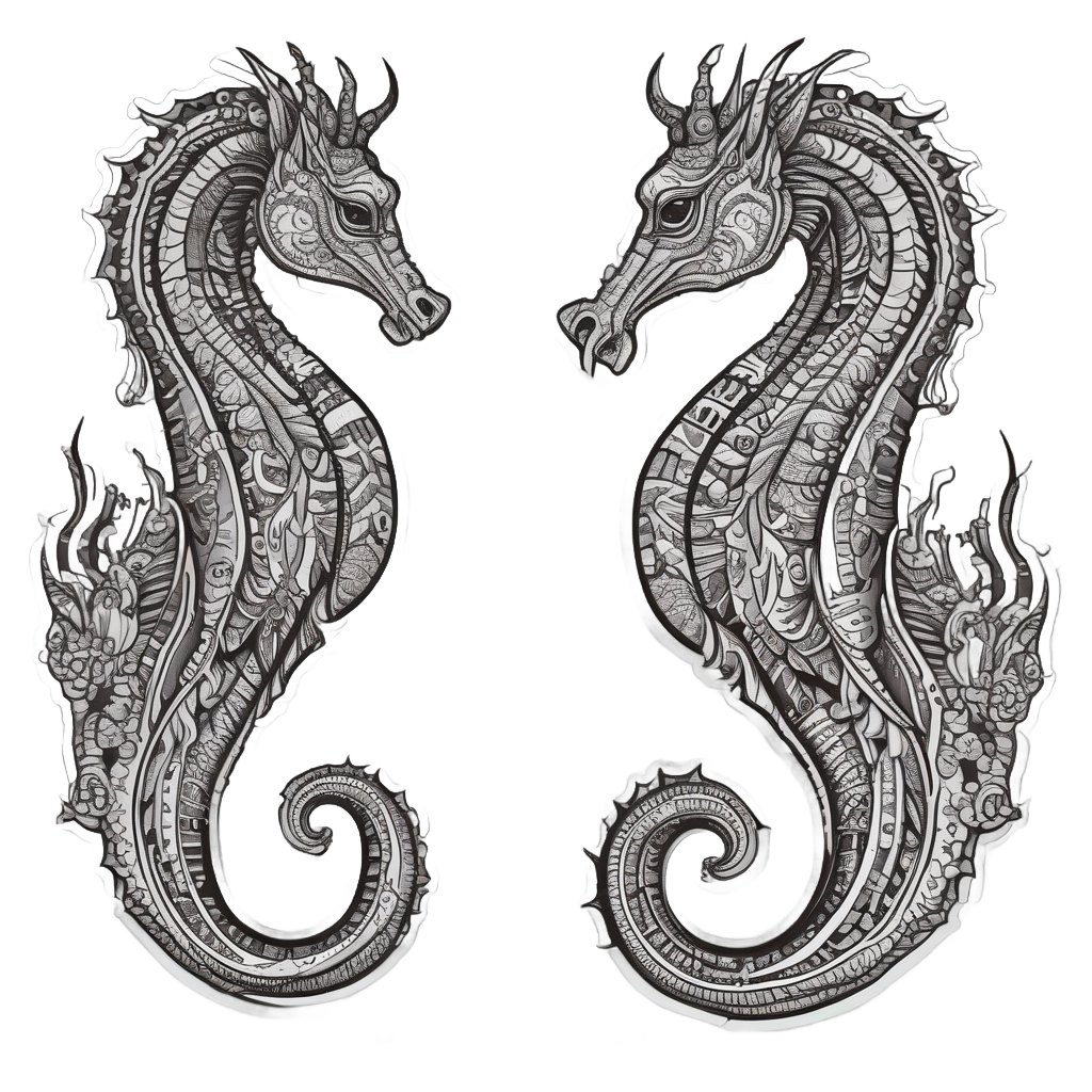 A fierce blackwork tattoo seahorse with tribal armor patterns.