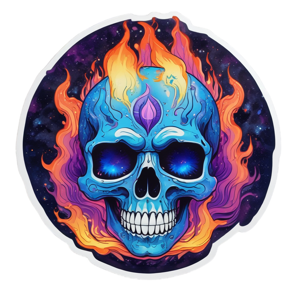 Die-cut sticker of a blue-flame skull with holographic purple and blue flames and closed eyes, plain white background