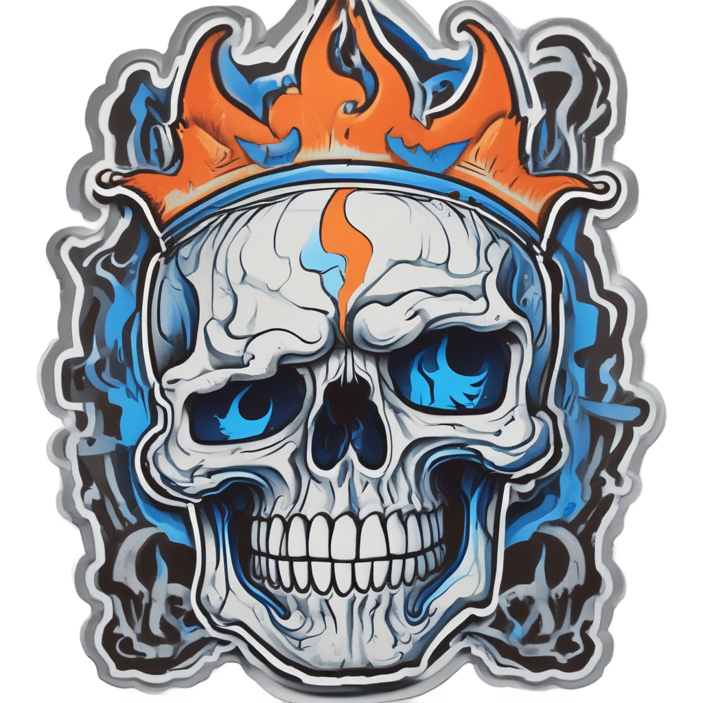 Papercut skull with gas-tank head and blue flames forming a crown