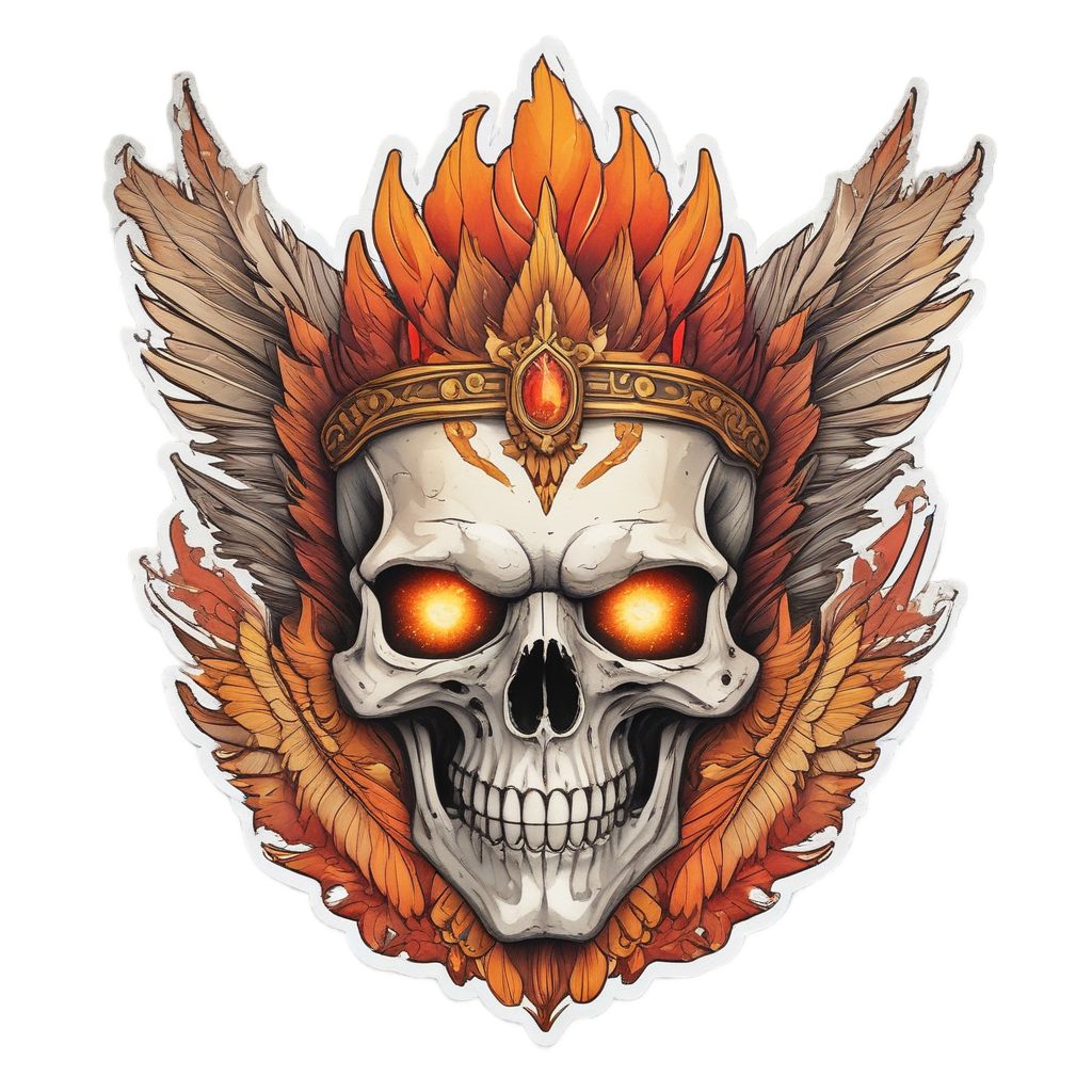 A watercolor skull with fiery phoenix feathers in orange and gold with flame eyes on white background.