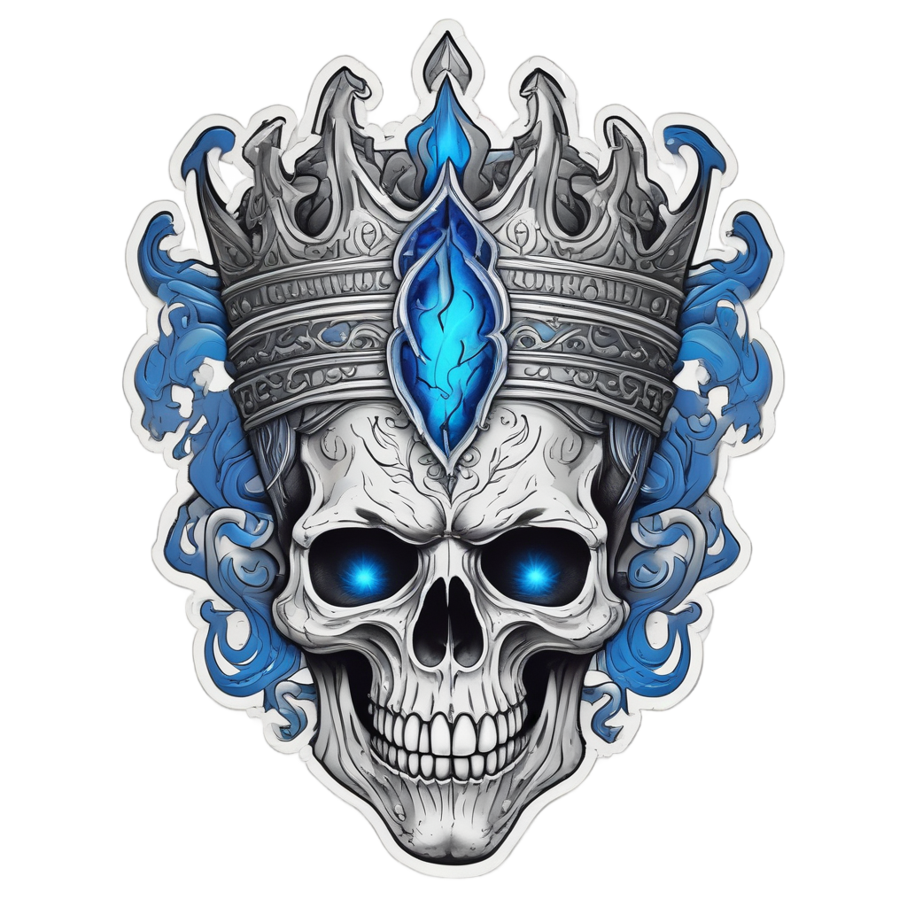 A skull wearing a crown, surrounded by blue flames and smoke against a white background.