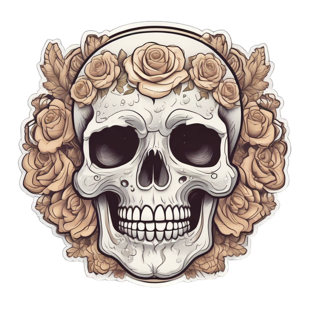 Blissful skull with rose halo and wings