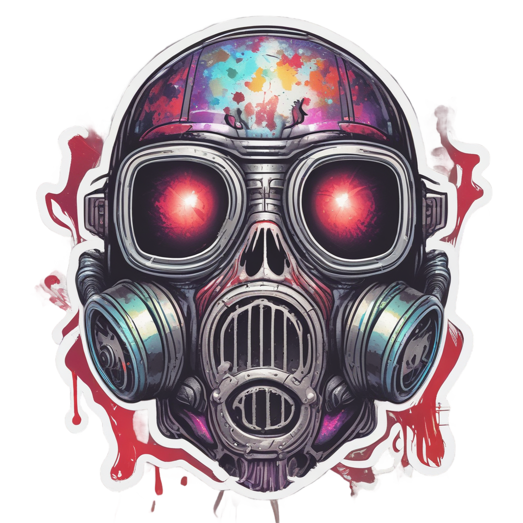 Gas mask skull with holographic blood dripping from eyes and vents.