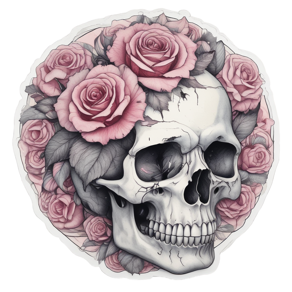 Watercolor rose skull with crimson petals over pale bone, fine-line art on white