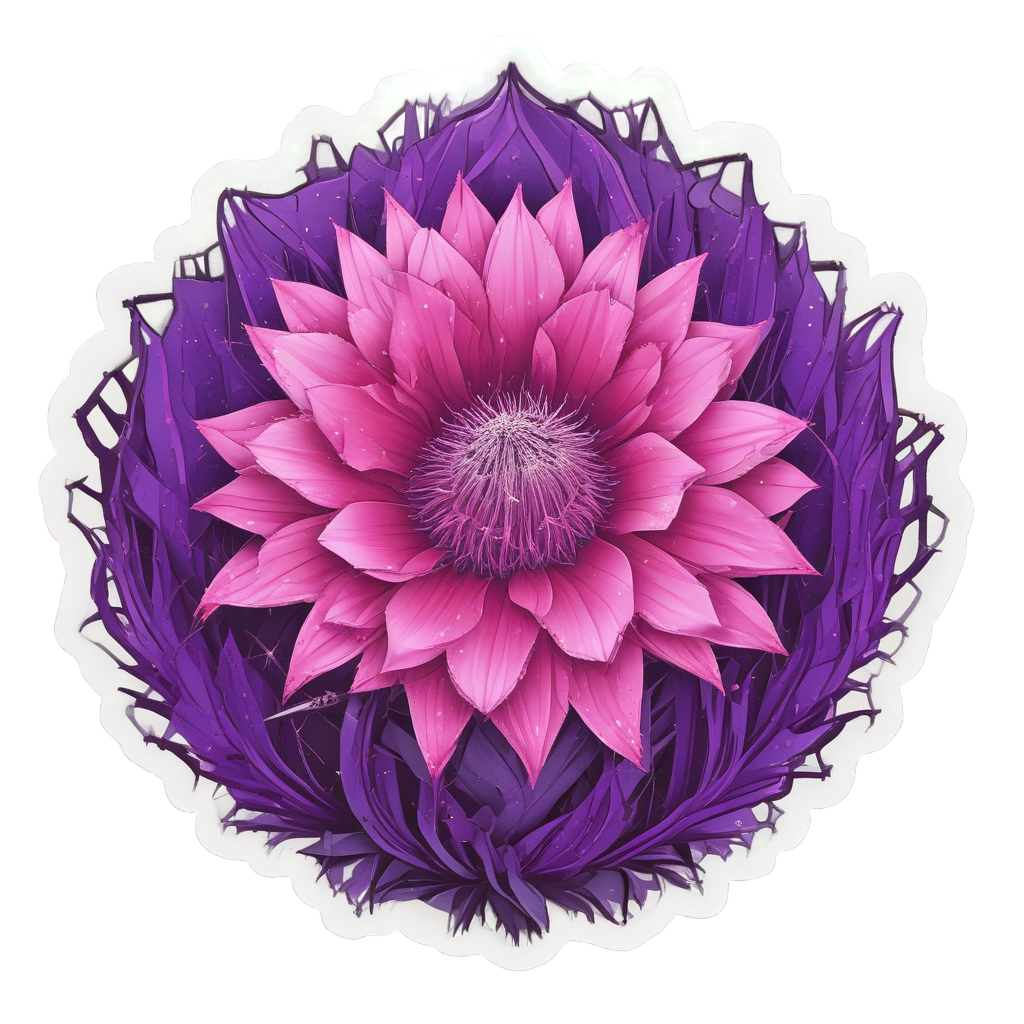A barrel cactus with a pink flower crown on a purple sparkly background